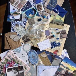 Carefully curated country blue cottage core junk journal pieces 70+